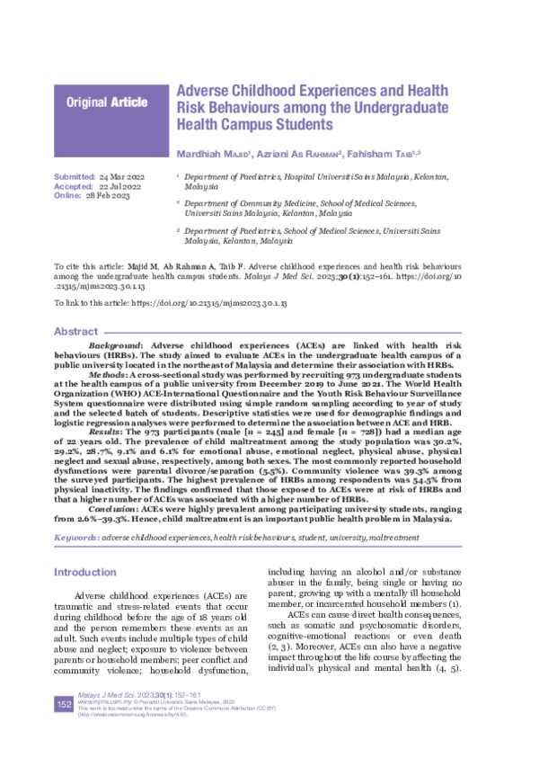 (PDF) Adverse Childhood Experiences and Health Risk Behaviours among ...