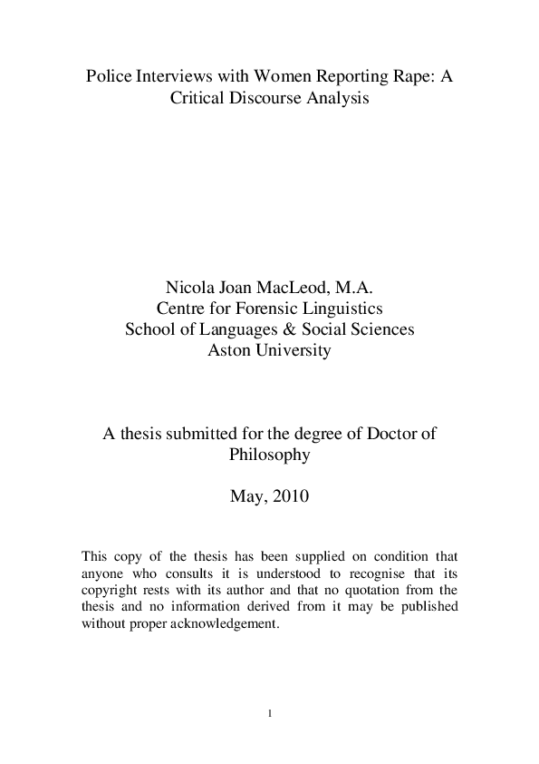 (PDF) Police interviews with women reporting rape: a critical discourse ...