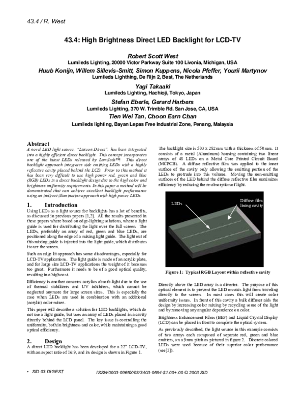 (PDF) 43.4: High Brightness Direct LED Backlight for LCD‐TV