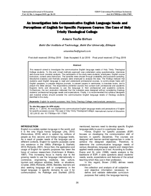 (PDF) An investigation into Communicative English Language Needs and ...