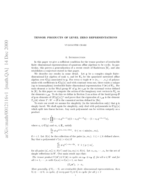 (PDF) Tensor products of level zero representations