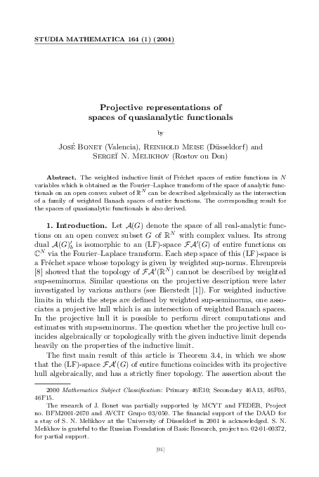 (PDF) Projective representations of spaces of quasianalytic functionals