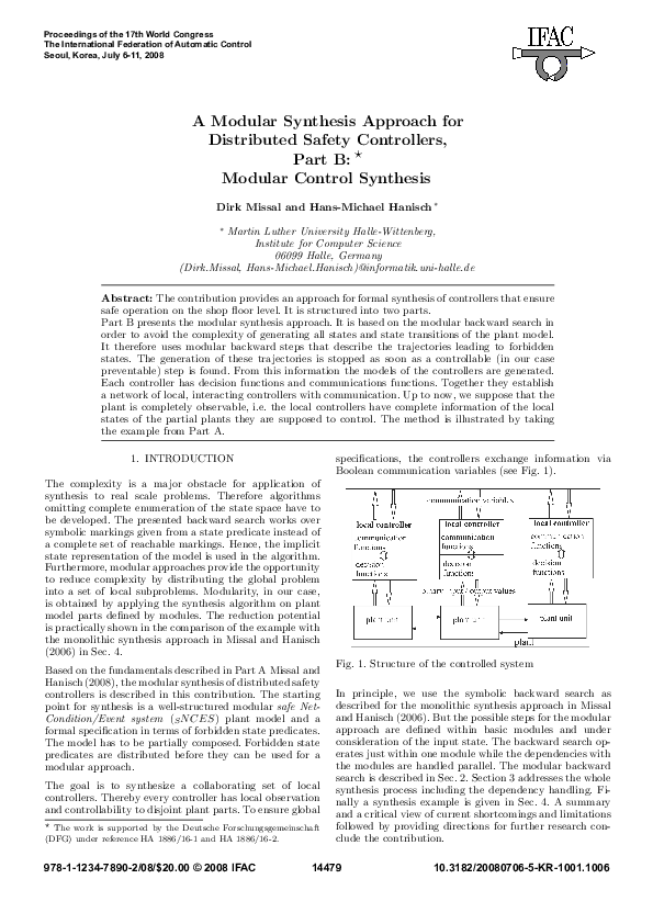 (PDF) A Modular Synthesis Approach for Distributed Safety Controllers ...