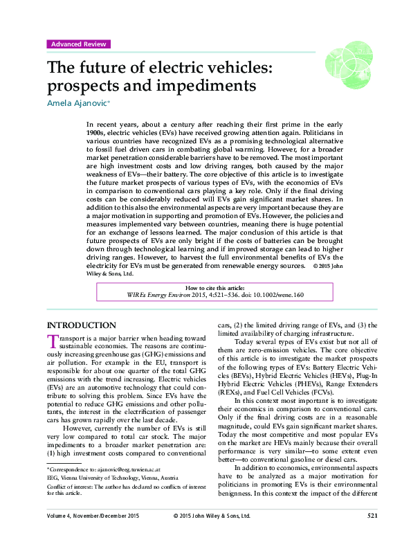 (PDF) The future of electric vehicles: prospects and impediments