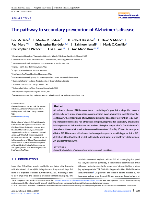 (PDF) The pathway to secondary prevention of Alzheimer's disease
