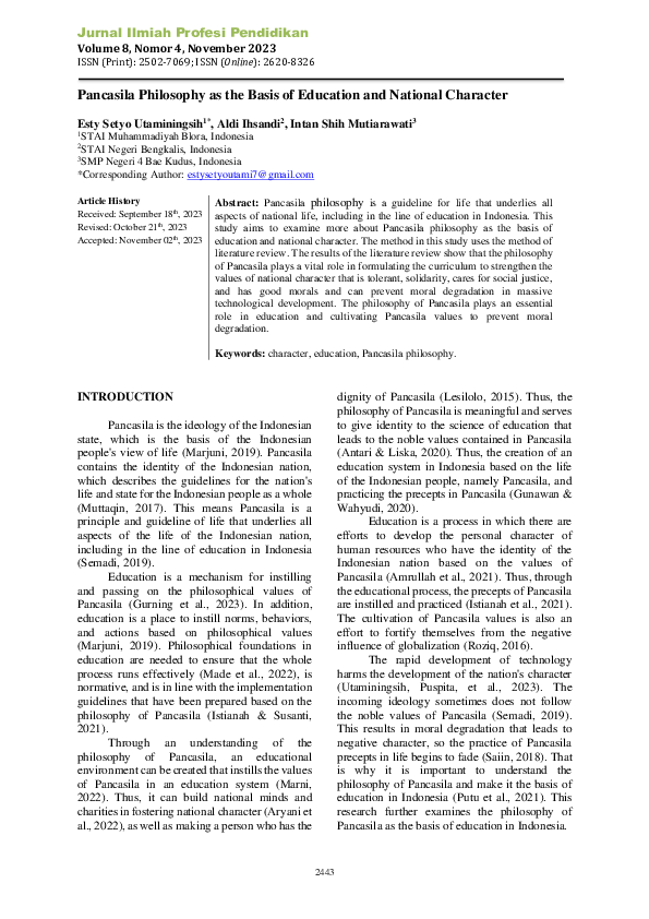 (PDF) Pancasila Philosophy as the Basis of Education and National Character