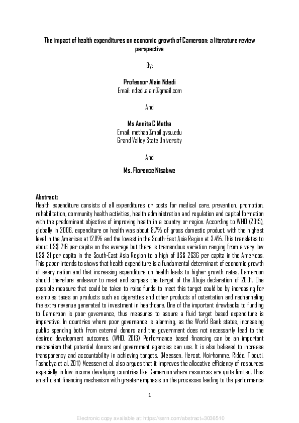 (PDF) The Impact of Health Expenditures on Economic Growth of Cameroon ...