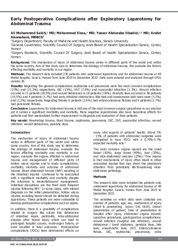 (PDF) Early Postoperative Complications after Exploratory Laparotomy ...