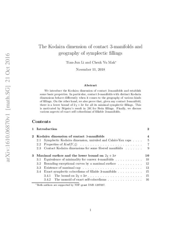 (PDF) The Kodaira dimension of contact 3-manifolds and geography of ...