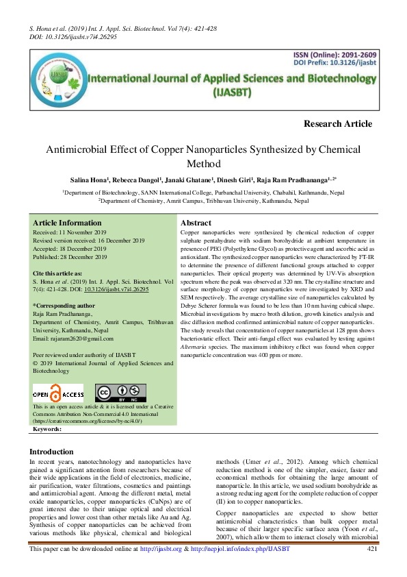 (PDF) Antimicrobial Effect of Copper Nanoparticles Synthesized by ...