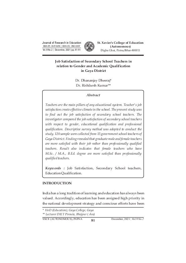 (PDF) Job Satisfaction of Secondary School Teachers in relation to ...