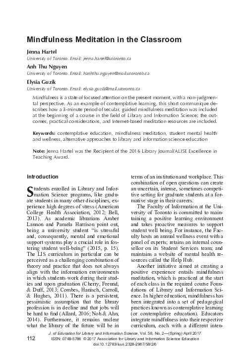 (PDF) Mindfulness Meditation in the Classroom