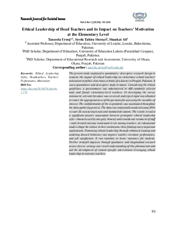(PDF) Ethical Leadership of Head Teachers and its Impact on Teachers ...