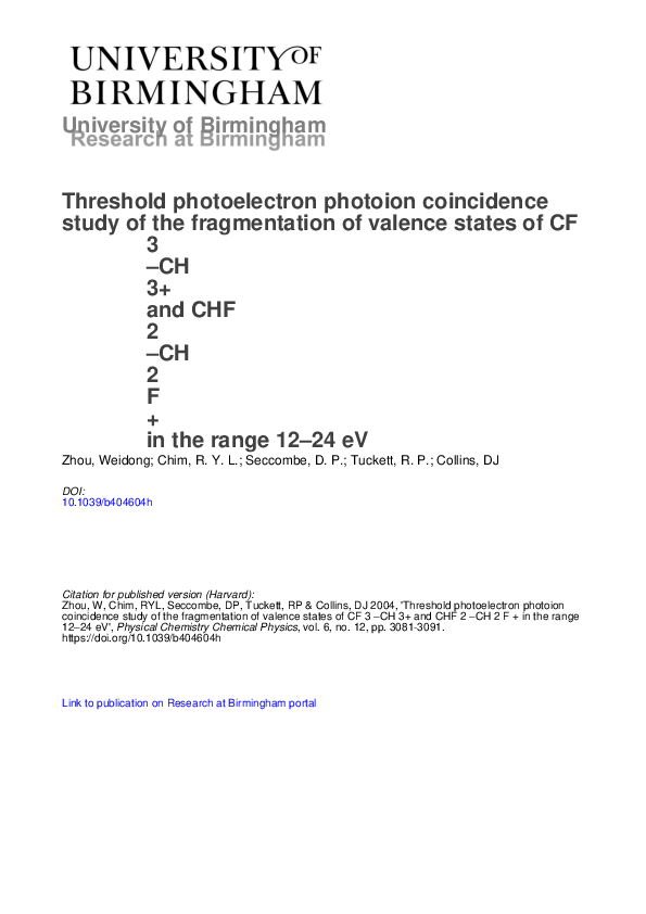 (PDF) Threshold photoelectron photoion coincidence study of the ...