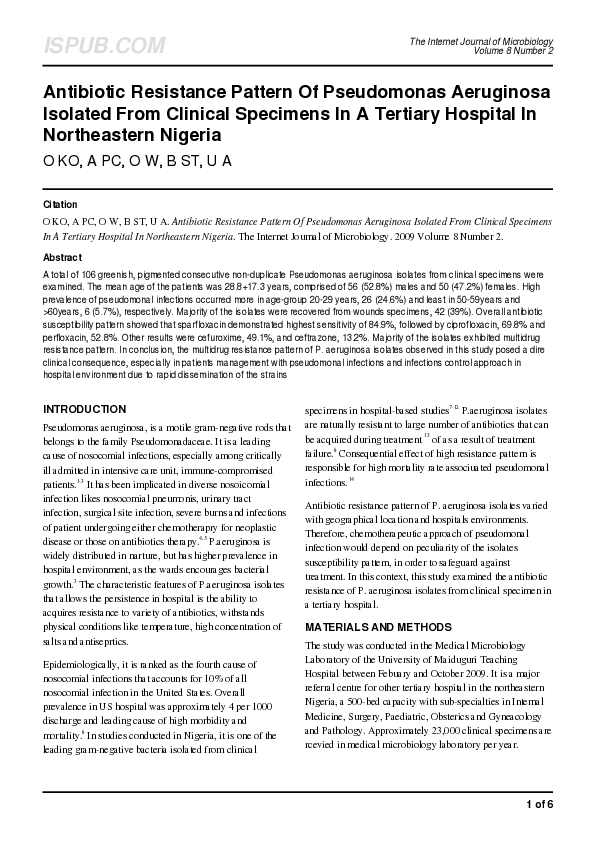 (PDF) Antibiotic Resistance Pattern Of Pseudomonas Aeruginosa Isolated ...