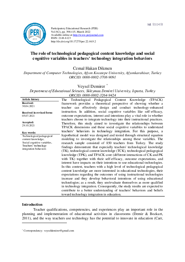 (PDF) The role of technological pedagogical content knowledge and ...