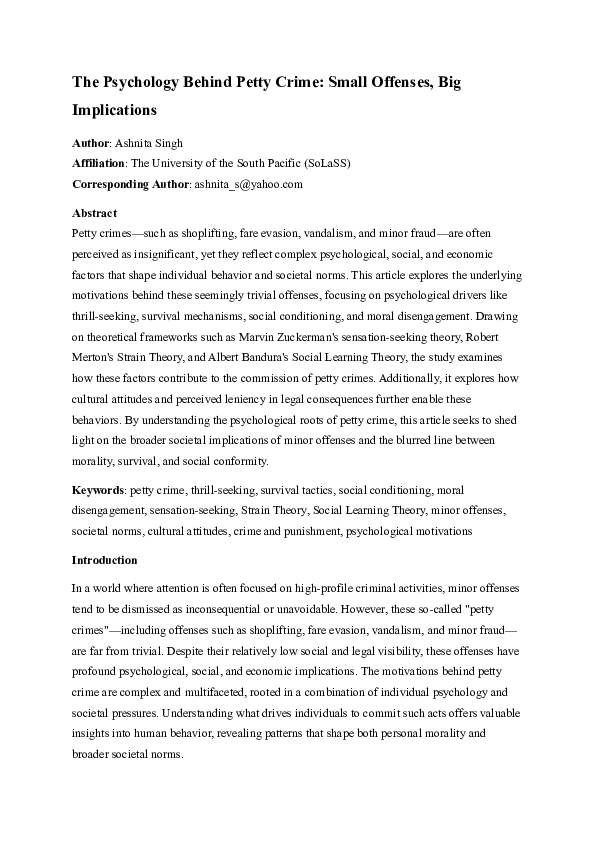 (PDF) The Psychology Behind Petty Crime: Small Offences Big Implications