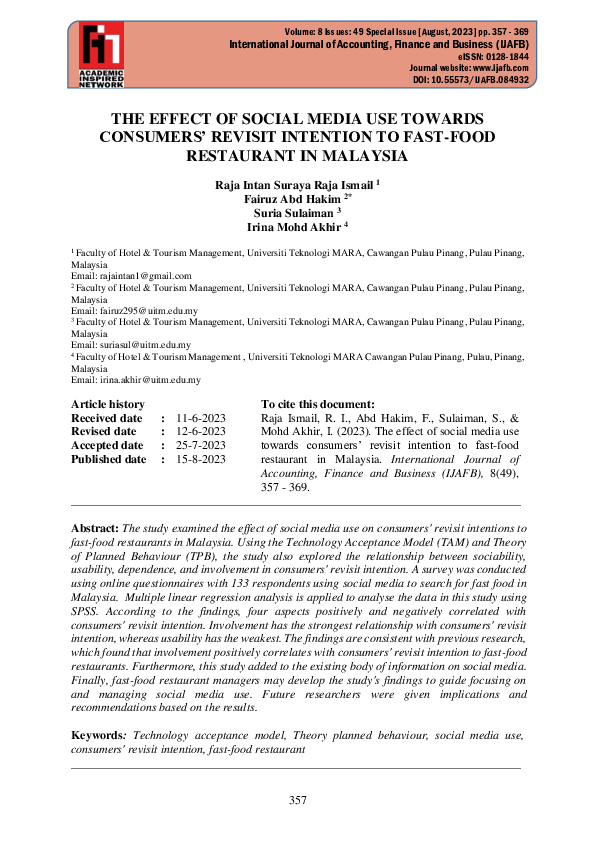 (PDF) THE EFFECT OF SOCIAL MEDIA USE TOWARDS CONSUMERS' REVISIT ...