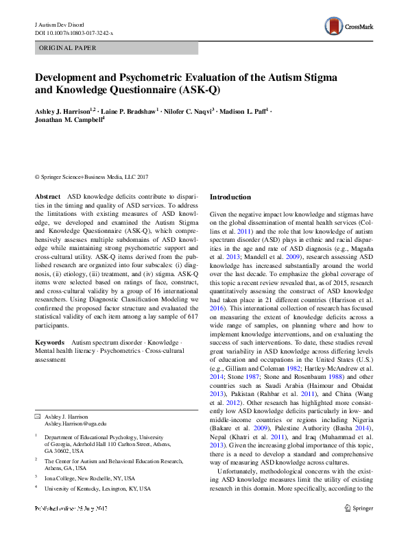 (PDF) Development and Psychometric Evaluation of the Autism Stigma and ...