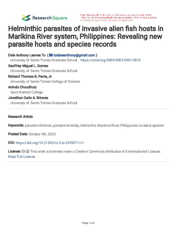 (PDF) Helminthic parasites of invasive alien fish hosts in Marikina ...