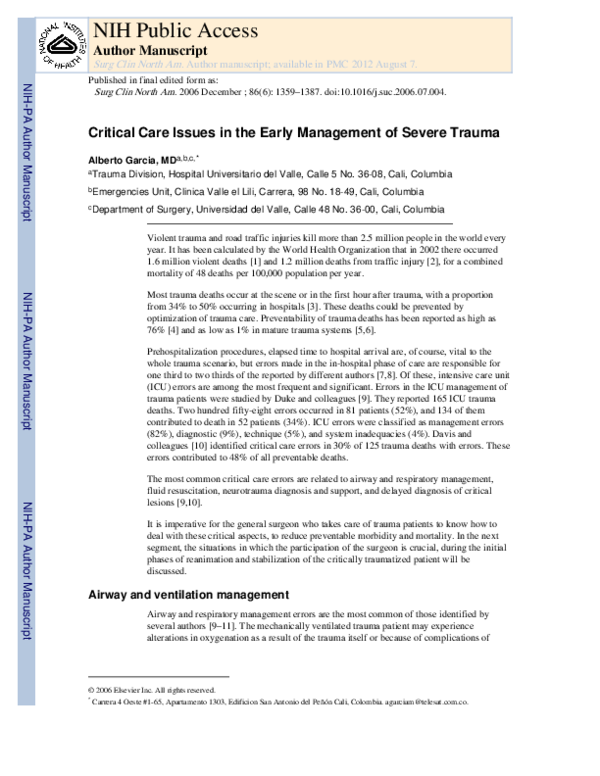 (PDF) Critical Care Issues in the Early Management of Severe Trauma