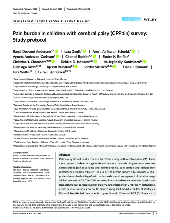(PDF) Pain burden in children with cerebral palsy (CPPain) survey ...