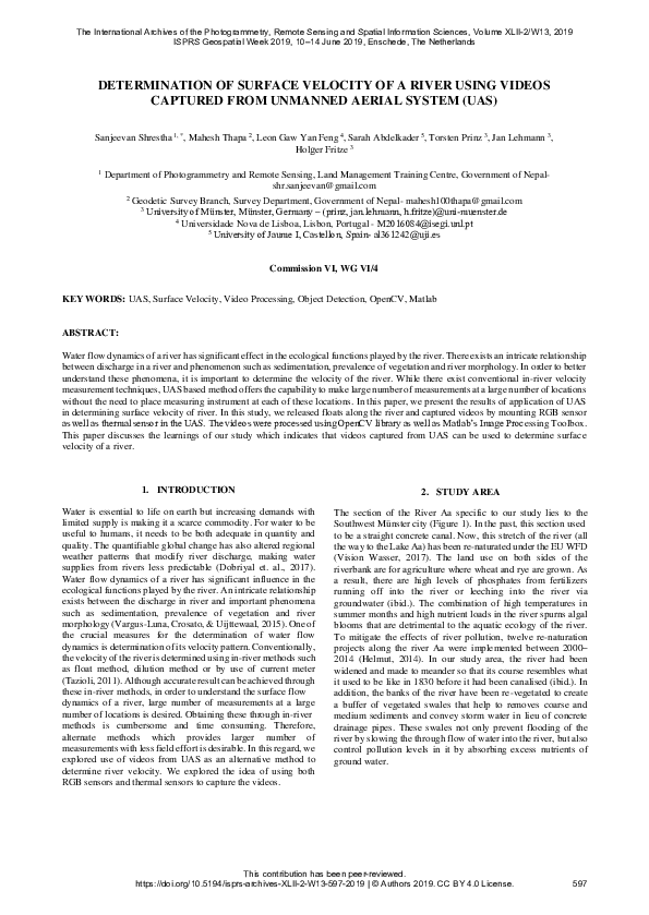 (PDF) Determination of Surface Velocity of a River Using Videos ...