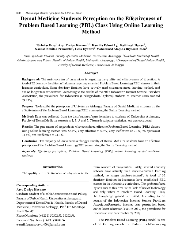 (PDF) Dental Medicine Students Perception on the Effectiveness of ...