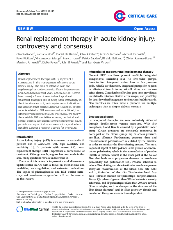 (PDF) Renal replacement therapy in acute kidney injury: controversy and ...