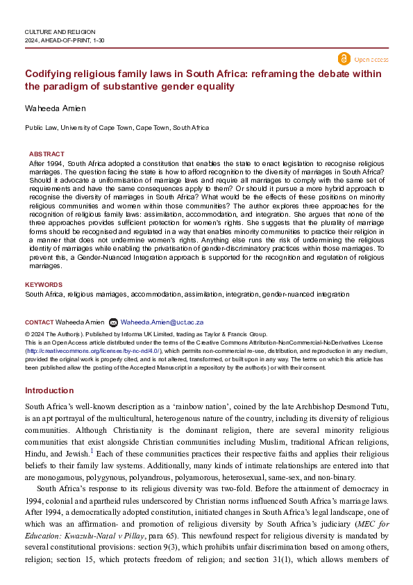 (PDF) Codifying religious family laws in South Africa: reframing the ...