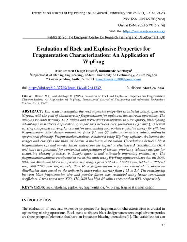 (PDF) Evaluation of Rock and Explosive Properties for Fragmentation ...