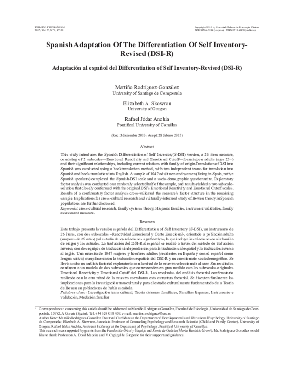 (PDF) Spanish Adaptation Of The Differentiation Of Self Inventory ...
