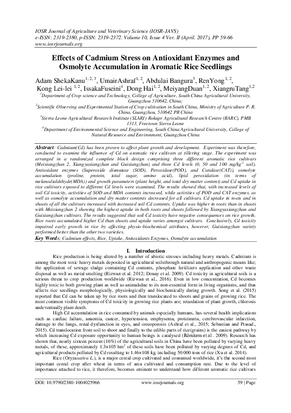 (PDF) Effects of Cadmium Stress on Antioxidant Enzymes and Osmolyte ...