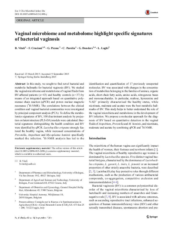 (PDF) Vaginal microbiome and metabolome highlight specific signatures ...