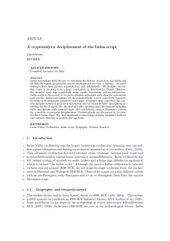 First page of “A cryptanalytic decipherment of the Indus Script”