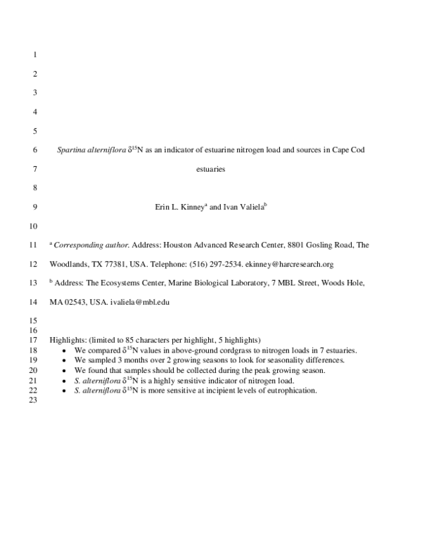 (PDF) Spartina alterniflora δ15N as an indicator of estuarine nitrogen ...