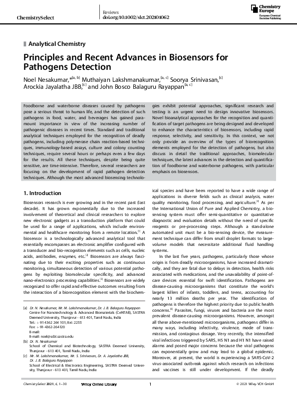 (PDF) Principles and Recent Advances in Biosensors for Pathogens Detection