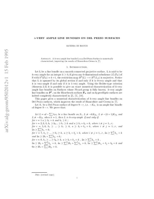 (PDF) k—Very Ample Line Bundles on Del Pezzo Surfaces