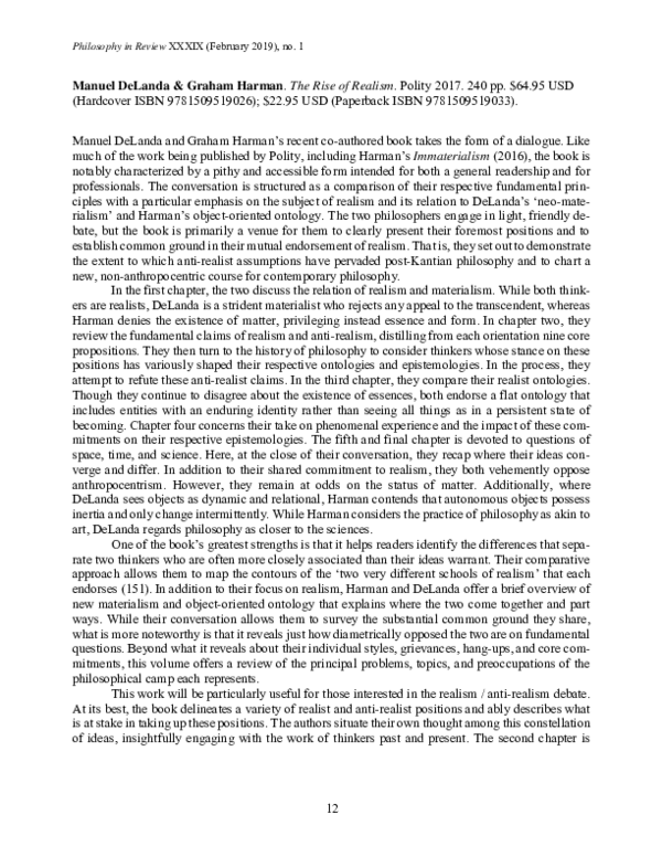 (PDF) Manuel DeLanda & Graham Harman , The Rise of Realism . Reviewed by