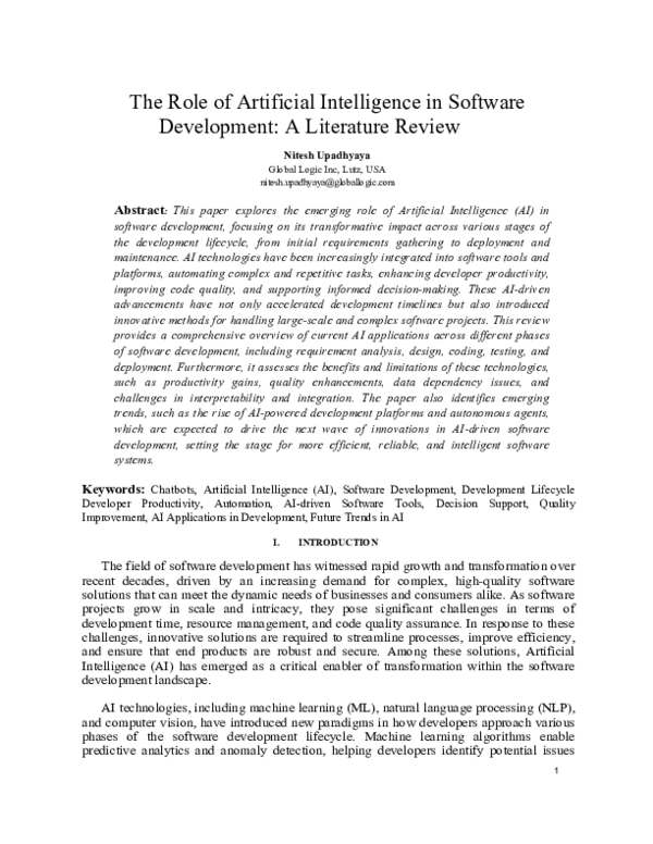 (PDF) The Role of Artificial Intelligence in Software Development: A ...