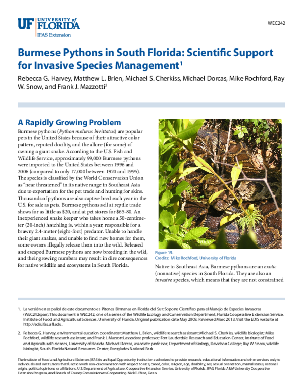 (PDF) Burmese Pythons in South Florida: Scientific Support for Invasive ...