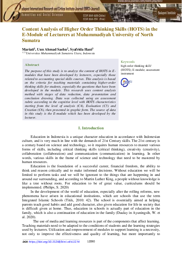 (PDF) Content Analysis of Higher Order Thinking Skills (HOTS) in the E ...
