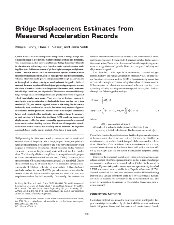(PDF) Bridge Displacement Estimates from Measured Acceleration Records