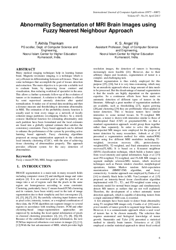 (PDF) Abnormality Segmentation of MRI Brain Images using Fuzzy Nearest ...