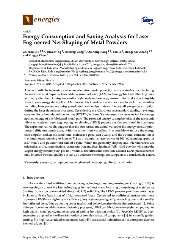 (PDF) Energy Consumption and Saving Analysis for Laser Engineered Net ...