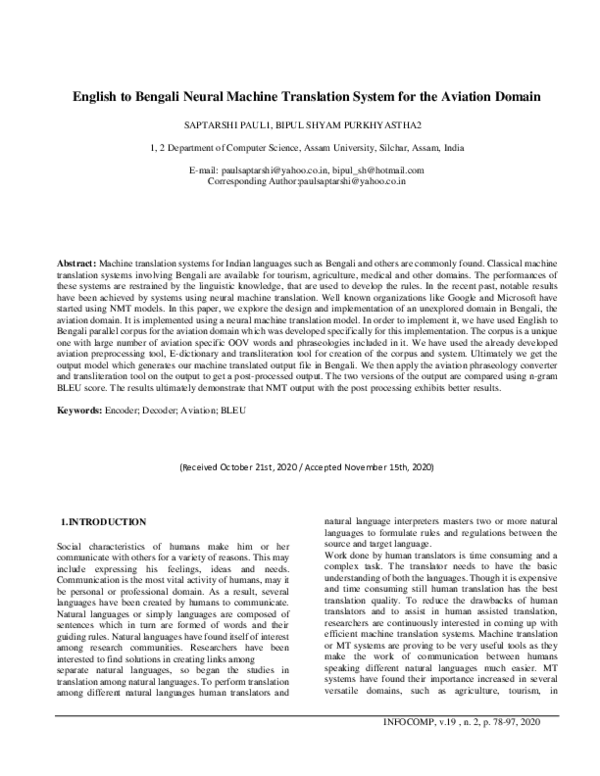 (PDF) English to Bengali Neural Machine Translation System for the ...