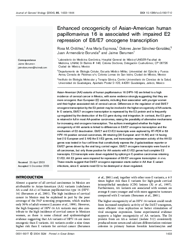 (PDF) Enhanced oncogenicity of Asian-American human papillomavirus 16 ...