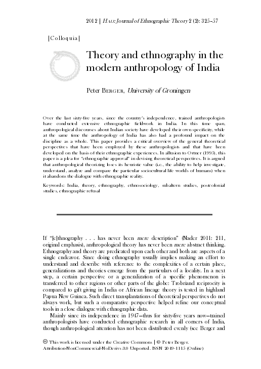 (PDF) Theory and ethnography in the modern anthropology of India