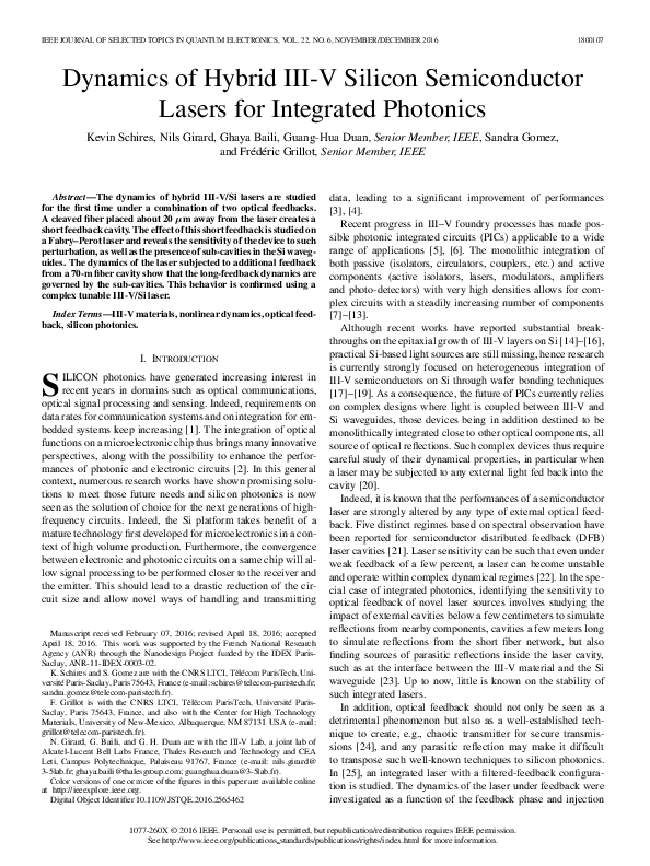 (PDF) Dynamics of Hybrid III-V Silicon Semiconductor Lasers for ...