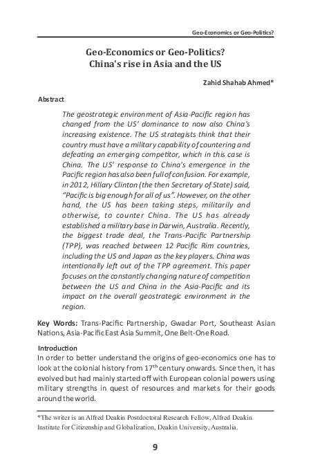 (PDF) Geo-economic or geo-politics? China’s rise in Asia and the US